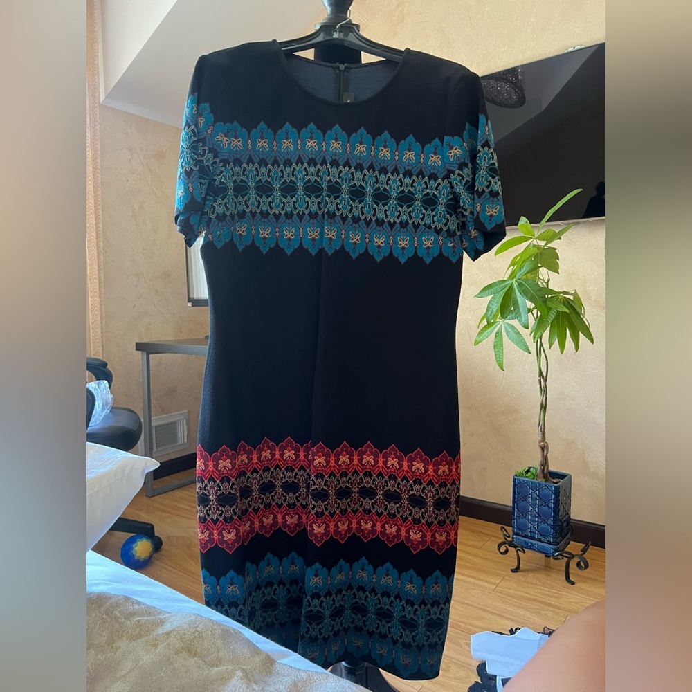 St. John Black Dress with Red and Blue Patterns